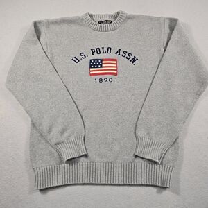 US Polo Assn. Vintage Men's Large Gray Knit Sweater Embroidered Logo 100% Cotton